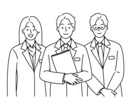 Smiling administration staff in uniform standing together showing unity and leadership. Happy receptionists meet welcome new client. Hotel personnel. Vector illustration.