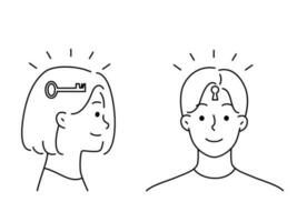 mujer con llave en cabeza y hombre con ojo de cerradura. personas trabajando juntos para problema solución. concepto de trabajo en equipo y problema resolviendo vector ilustración.