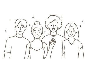 Portrait of smiling interracial group hugging feeling positive and happy. Overjoyed multiracial friends say hello wave with hand. Vector illustration.