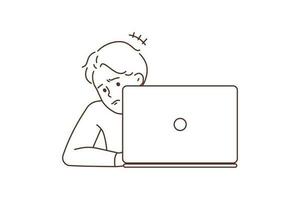 Unhappy young man working on laptop having problem online. Upset frustrated guy use computer confused with operational trouble or mistake. Vector illustration.