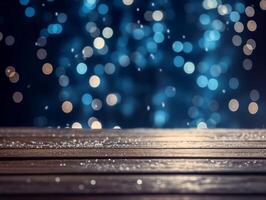Winter snowy stage background with wooden flooring and Christmas lights on blue background, banner format, copy space. photo