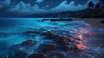 Ocean shore at night, the water is full of dinoflagellates, glowing with millions bright blue neon glow in the dark tiny dots. photo