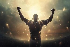 Successful happy accomplished athletic man stands with raised arms facing the sun. photo