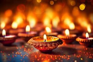 A Diya oil lamp, Diwali concept, blurred Hindu festival of lights celebration background. photo