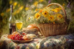 presentando un cesta de Fresco Fruta y pan, un botella de vino, y un ramo de flores de flores silvestres ai generativo foto