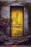 Image of a stone door with plants and Yellow door. photo