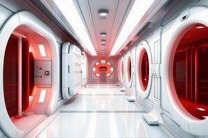 Futuristic background science fiction interior white wall and red light architecture corridor,. photo