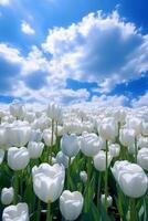 Pure blue sky, White clouds, The strong light through the clouds shines straight on the endless sea of white tulip flowers. AI generative photo