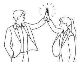Happy businesspeople give high five celebrate shared business success. Smiling employees excited with good work results or promotion. Vector illustration.