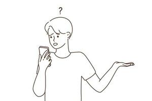 Confused man look at cellphone screen frustrated by problem or mistake. Frustrated male shocked stunned by notification on smartphone. Vector illustration.