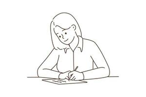 Smiling young woman sit at desk writing letter. Happy girl at table handwriting on paper making notes. Vector illustration.