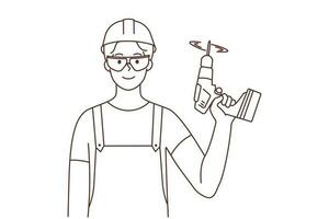 Smiling guy in uniform and helmet standing with drill in hands. Happy male mechanic or repairman with equipment. Occupation. Vector illustration.