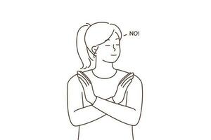 Decisive young woman show stop hand gesture saying no. Girl demonstrate rejection or refusal with sign. Nonverbal communication. Vector illustration.