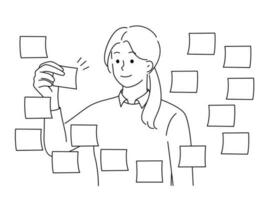 Young businesswoman working with colorful sticky notes brainstorming in office. Smiling motivated female employee think develop business project or solution. Vector illustration.