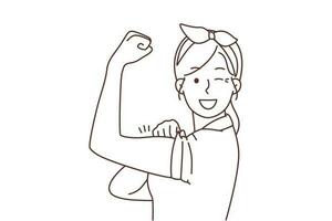 Smiling young woman show muscles feeling powerful and strong. Happy girl demonstrate power and strength. Female leadership and success. Vector illustration.