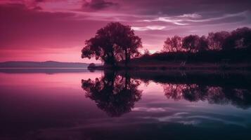 un escena en cuales el todo púrpura cielo es reflejado en el agua. ai generativo foto