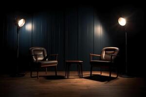 Two chairs and spotlights in podcast or interview room on dark background. photo