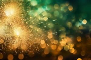 Gold and green Fireworks and bokeh in New Year eve and copy space. Abstract background holiday. photo