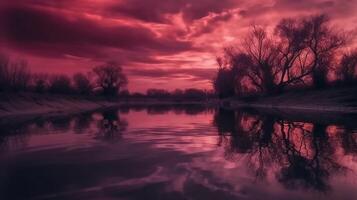 A scene in which the entire purple sky is reflected in the water. photo