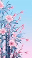 Light blue bamboo, light pink flowers, minimalist image. photo