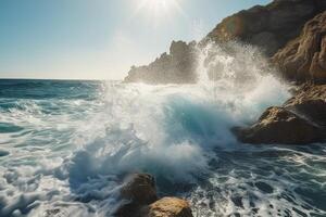 Sunny day, Beauty of marine nature, strength and power of the water element in form of a large turquoise sea wave crashing on shore. photo