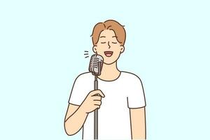 Happy young man singing in microphone on stage. Smiling guy enjoy karaoke night in club. Entertainment and hobby. Vector illustration.