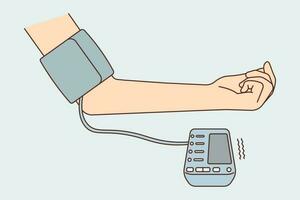 Close-up of patient hand with blood pressure monitor checking heartrate. Unhealthy person with electronic device heart high or low blood pressure. Vector illustration.