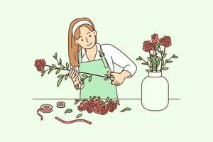 hembra florista trabajando con flores en taller. contento mujer jardinero corte rosas haciendo ramo de flores en tienda. vector ilustración.