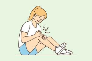 Unhealthy girl sit on ground suffer from knee pain. Unhappy unwell woman struggle with leg injury or trauma. Vector illustration.