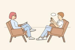 Man sitting in chair talking with psychotherapist. Male patient speak with psychologist at session. Psychotherapy and mental health. Vector illustration.