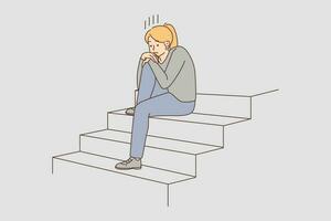 Unhappy young woman sitting on stairs feeling depressed. Upset girl suffer from loneliness or solitude. Depression and communication lack. Vector illustration.