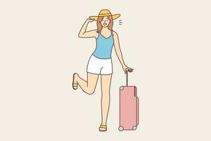 Smiling young woman with suitcase excited about summer travel. Happy girl with baggage ready for travel. Summertime tourism concept. Vector illustration.