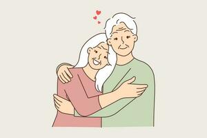 Portrait of happy mature couple hugging showing love and care. Smiling elderly man and woman embracing and cuddling. Old people relationships. Vector illustration.