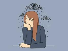 infeliz joven mujer sufrir desde depresión y repetitivo pensamientos. trastornado hembra llorar dificil con mental trastorno y estrés. psicología problema concepto. vector ilustración.