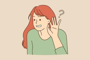 Young woman feel confused listening to hidden or secret information. Frustrated girl make hand gesture hearing to gossip or hearsay. Vector illustration.