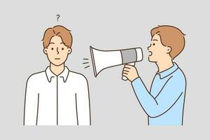 Man with loudspeaker scream in frustrated friend ear. Guy with megaphone shout at confused male. Vector illustration.