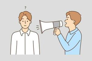 Man with loudspeaker scream in frustrated friend ear. Guy with megaphone shout at confused male. Vector illustration.