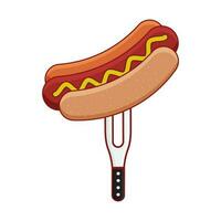 Isolated Hotdog On Fork Over White Background. vector