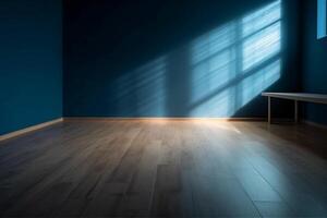 Blue empty wall and wooden floor with interesting light glare. Interior background for the presentation. photo