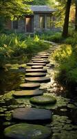 Luminous granite stepping stones leading to cottage in middle of pond. photo