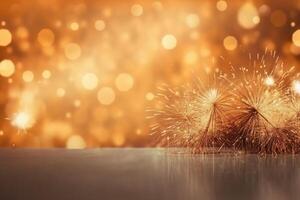 Gold and silver Fireworks and bokeh in New Year eve and copy space. Abstract background holiday. photo