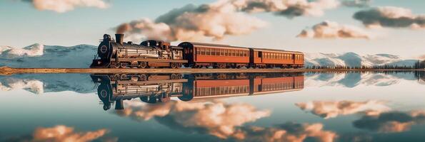 un tren es de viaje en lago, agua superficie refleja el cielo. ai generativo foto