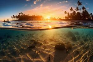 fotografía de hermosa atractivo playa escena con puesta de sol cielo. ai generativo foto