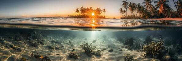 Photograph of beautiful inviting beach scene with sunset sky. photo