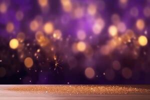 Gold and purple Fireworks and bokeh in New Year eve and copy space. Abstract background holiday, photo