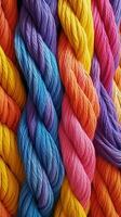 A pattern of multicoloured ropes and twines twisted. photo