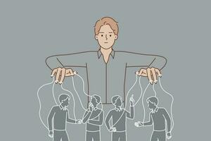 Man puppeteer manipulates people by controlling population with help of threads for concept of world government conspiracy. Businessman puppeteer uses manipulative methods to manage company employees vector