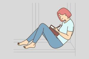 Happy young woman sit on windowsill writing in notepad. Smiling girl take notes in notebook make list or plan. Management concept. Vector illustration.