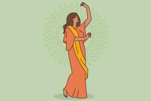 Smiling young woman in indian traditional clothes dancing enjoying festival. Happy ethnic female in dress make moves. Culture and celebration. Vector illustration.
