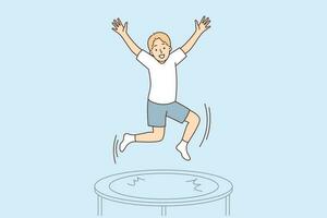 Adolescente chico saltos en trampolín disfrutando al aire libre ocupaciones y hacer ejercicio en gimnasia. pequeño chico es saltando en trampolín levantamiento manos arriba y sonriente disfrutando vacaciones en diversión parque o patio de recreo vector